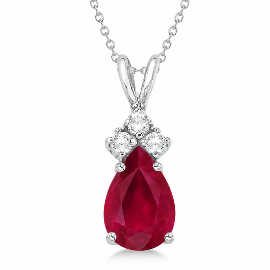Pear Ruby & Diamond Solitaire Pendant Necklace 14k White Gold (1.05ct)