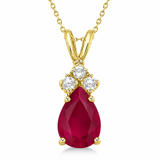 Pear Ruby & Diamond Solitaire Pendant Necklace 14k Yellow Gold (1.05ct)