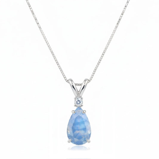 Pear Lab Moonstone & Diamond Solitaire Pendant Necklace 14k White Gold (0.75ct)