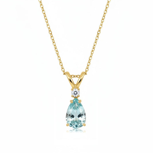 Pear Aquamarine & Diamond Solitaire Pendant Necklace 14k Yellow Gold (0.75ct)